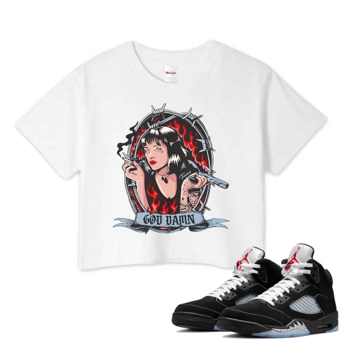 TeeVivo Crop Top Match Air Jordan 5 Retro OG Black Metallic Reimagined God Daaamn – Air Jordan 5 Crop Top, AJ5 Crop Top