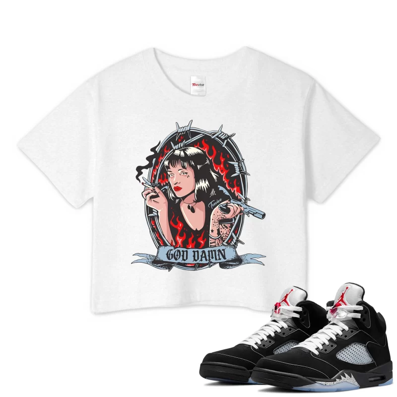 TeeVivo Crop Top Match Air Jordan 5 Retro OG Black Metallic Reimagined God Daaamn – Air Jordan 5 Crop Top, AJ5 Crop Top