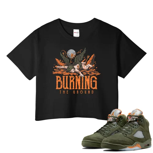TeeVivo Crop Top Match Air Jordan 5 Retro Olive Burning the ground – Air Jordan 5 Crop Top, AJ5 Crop Top
