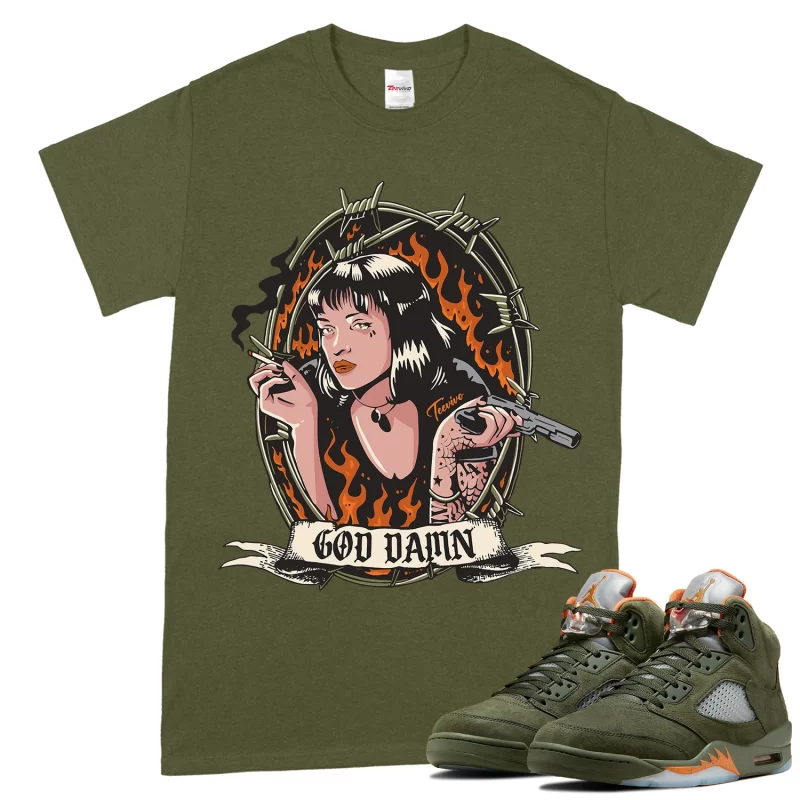 TeeVivo T-Shirt Match Air Jordan 5 Retro Olive God Daaamn – Air Jordan 5 Shirt, AJ5 Shirt