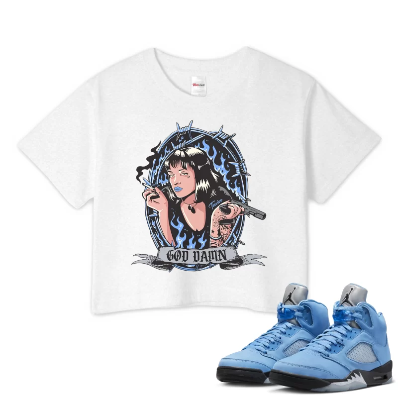 TeeVivo Crop Top Match Air Jordan 5 Retro UNC University Blue God Daaamn – Air Jordan 5 Crop Top, AJ5 Crop Top