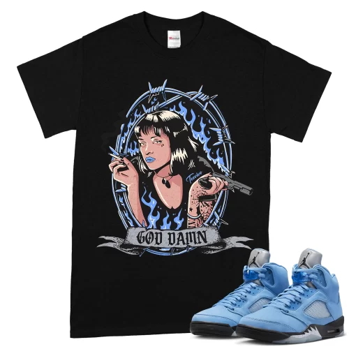 TeeVivo T-Shirt Match Air Jordan 5 Retro UNC University Blue God Daaamn – Air Jordan 5 Shirt, AJ5 Shirt