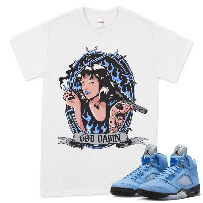 TeeVivo T-Shirt Match Air Jordan 5 Retro UNC University Blue God Daaamn – Air Jordan 5 Shirt, AJ5 Shirt
