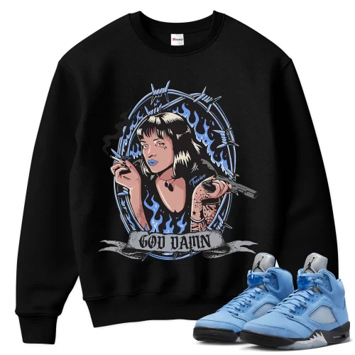 TeeVivo Sweatshirt Match Air Jordan 5 Retro UNC University Blue God Daaamn – Air Jordan 5 Sweatshirt, AJ5 Sweatshirt