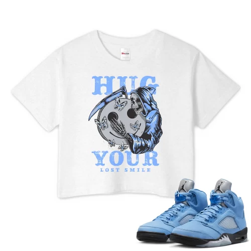 TeeVivo Crop Top Match Air Jordan 5 Retro UNC University Blue Hug your lost smile – Air Jordan 5 Crop Top, AJ5 Crop Top