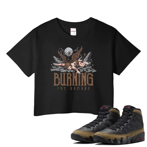 TeeVivo Crop Top Match Air Jordan 9 Retro Olive Burning the ground – Air Jordan 9 Crop Top, AJ9 Crop Top