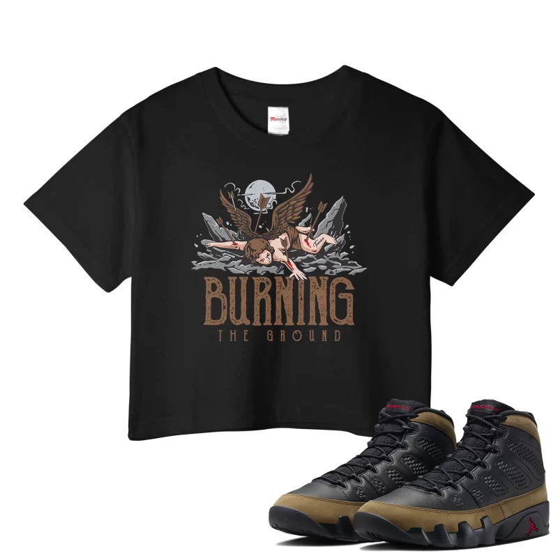 TeeVivo Crop Top Match Air Jordan 9 Retro Olive Burning the ground – Air Jordan 9 Crop Top, AJ9 Crop Top