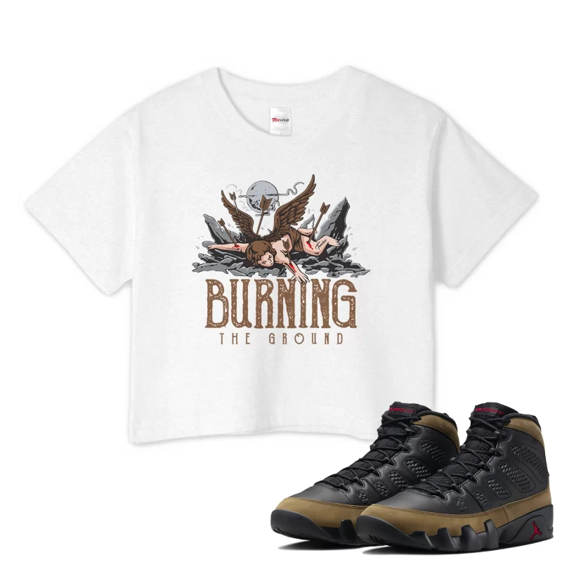 TeeVivo Crop Top Match Air Jordan 9 Retro Olive Burning the ground – Air Jordan 9 Crop Top, AJ9 Crop Top