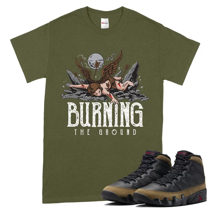 TeeVivo T-Shirt Match Air Jordan 9 Retro Olive Burning the ground – Air Jordan 9 Shirt, AJ9 Shirt