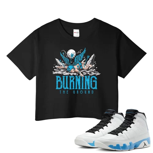 TeeVivo Crop Top Match Air Jordan 9 Retro Powder Blue Burning the ground – Air Jordan 9 Crop Top, AJ9 Crop Top