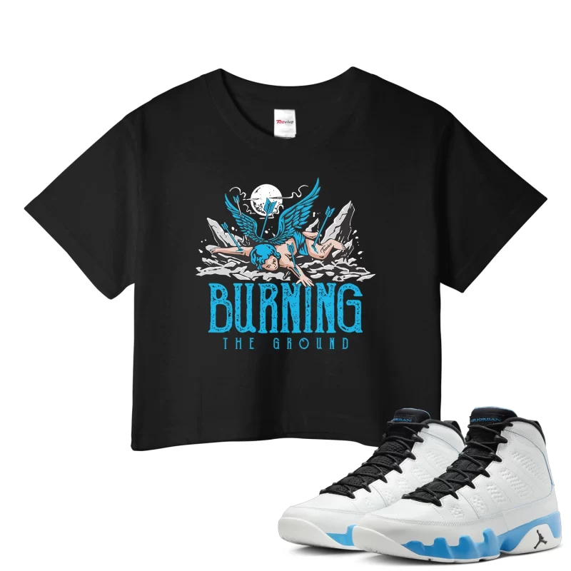 TeeVivo Crop Top Match Air Jordan 9 Retro Powder Blue Burning the ground – Air Jordan 9 Crop Top, AJ9 Crop Top