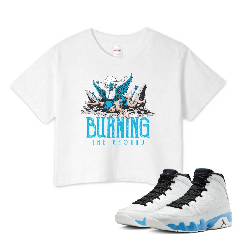 TeeVivo Crop Top Match Air Jordan 9 Retro Powder Blue Burning the ground – Air Jordan 9 Crop Top, AJ9 Crop Top