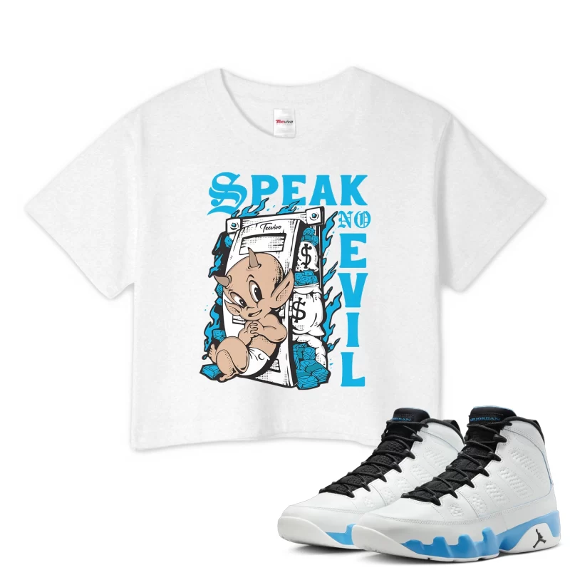 TeeVivo Crop Top Match Air Jordan 9 Retro Powder Blue Speak no evil – Air Jordan 9 Crop Top, AJ9 Crop Top