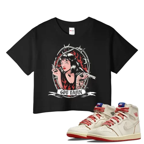 TeeVivo Jordan 1 High Rare Air Cinnabar Crop Top, God Daaamn Crop Top, High Rare Air Cinnabar 1s Crop Top, Jordan 1 Outfit