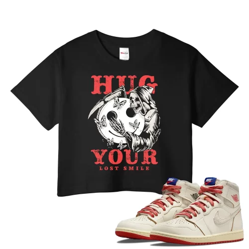 TeeVivo Jordan 1 High Rare Air Cinnabar Crop Top, Hug your lost smile Crop Top, High Rare Air Cinnabar 1s Crop Top, Jordan 1 Outfit