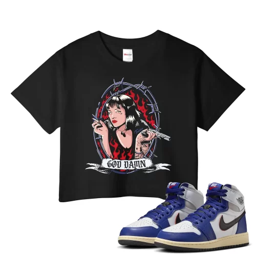 TeeVivo Jordan 1 High Rare Air Deep Royal Blue Crop Top, God Daaamn Crop Top, High Rare Air Deep Royal Blue 1s Crop Top, Jordan 1 Outfit