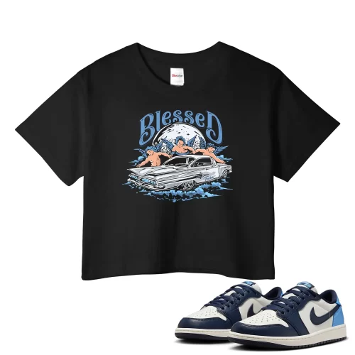 TeeVivo Jordan 1 Low Obsidian UNC Crop Top, Blessed Crop Top, Low Obsidian UNC 1s Crop Top, Jordan 1 Outfit