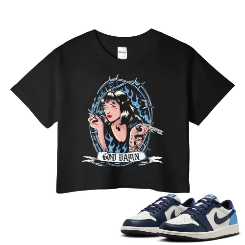 TeeVivo Jordan 1 Low Obsidian UNC Crop Top, God Daaamn Crop Top, Low Obsidian UNC 1s Crop Top, Jordan 1 Outfit