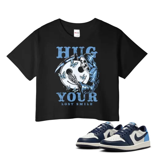 TeeVivo Jordan 1 Low Obsidian UNC Crop Top, Hug your lost smile Crop Top, Low Obsidian UNC 1s Crop Top, Jordan 1 Outfit
