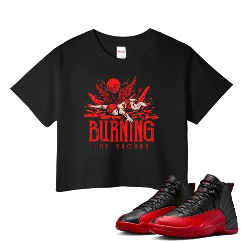 TeeVivo Air Jordan 12 Retro Flu Game Crop Top Match Burning the ground Graphic CT8013-002