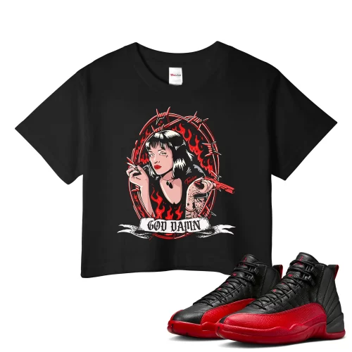 TeeVivo Air Jordan 12 Retro Flu Game Crop Top Match God Daaamn Graphic CT8013-002