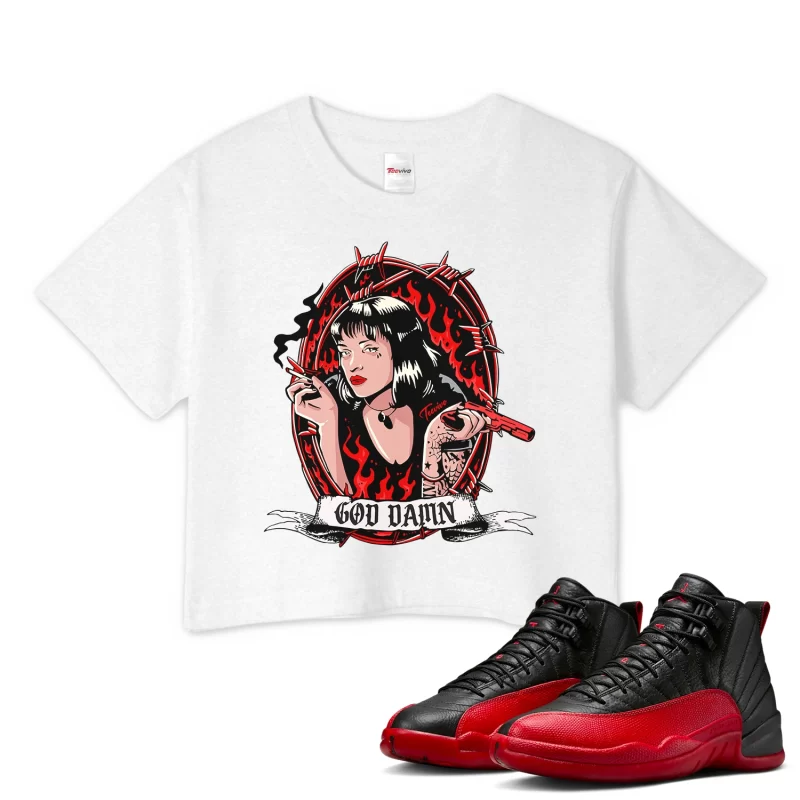 TeeVivo Air Jordan 12 Retro Flu Game Crop Top Match God Daaamn Graphic CT8013-002