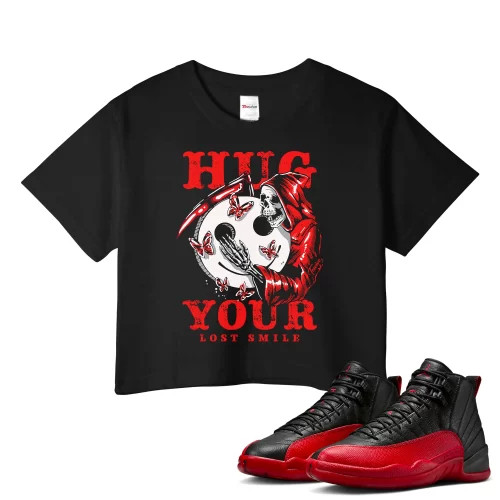 TeeVivo Air Jordan 12 Retro Flu Game Crop Top Match Hug your lost smile Graphic CT8013-002