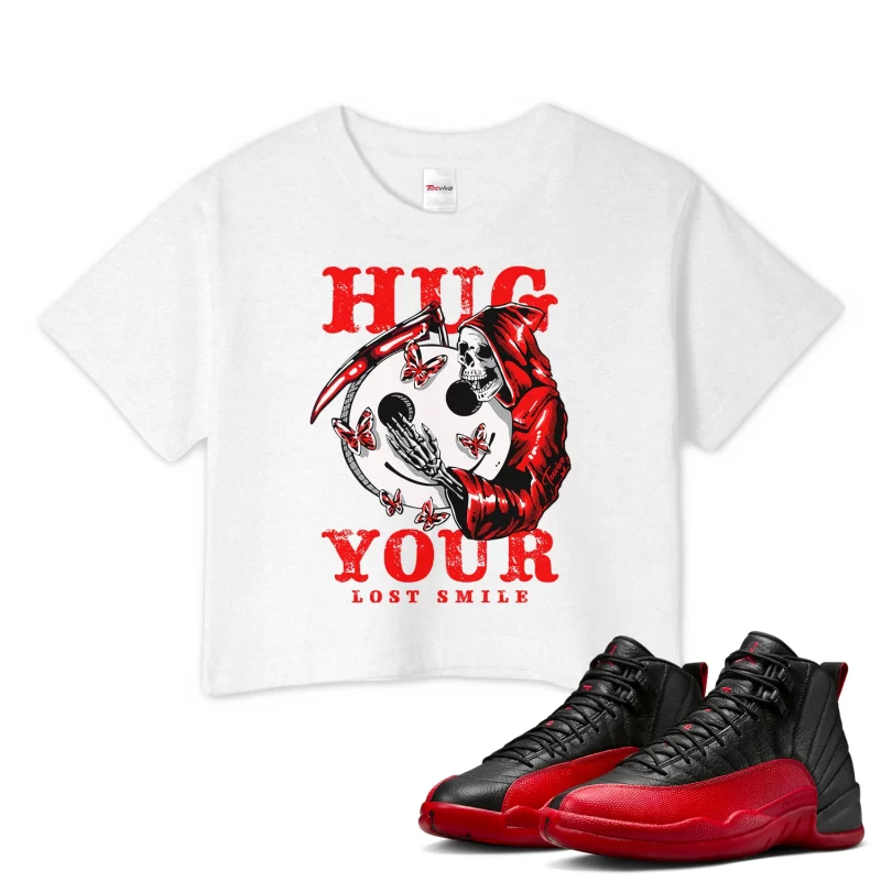 TeeVivo Air Jordan 12 Retro Flu Game Crop Top Match Hug your lost smile Graphic CT8013-002