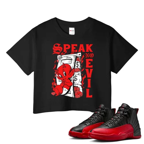 TeeVivo Air Jordan 12 Retro Flu Game Crop Top Match Speak no evil Graphic CT8013-002