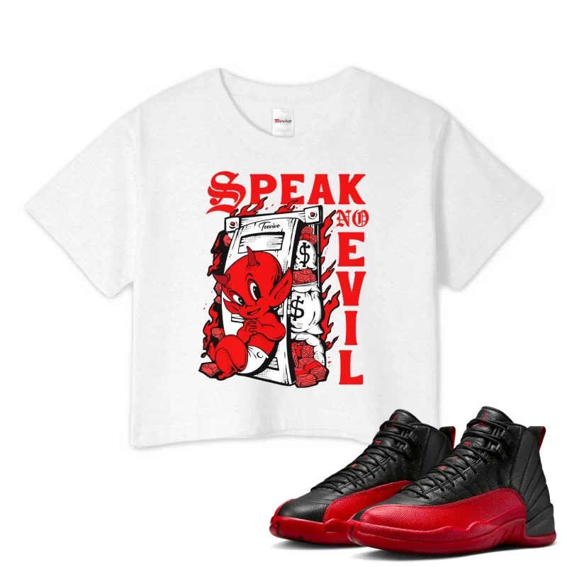 TeeVivo Air Jordan 12 Retro Flu Game Crop Top Match Speak no evil Graphic CT8013-002