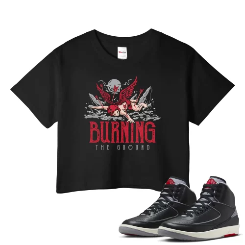 TeeVivo Jordan 2 Black Cement Crop Top, Burning the ground Crop Top, Black Cement 2s Crop Top, Jordan 2 Outfit