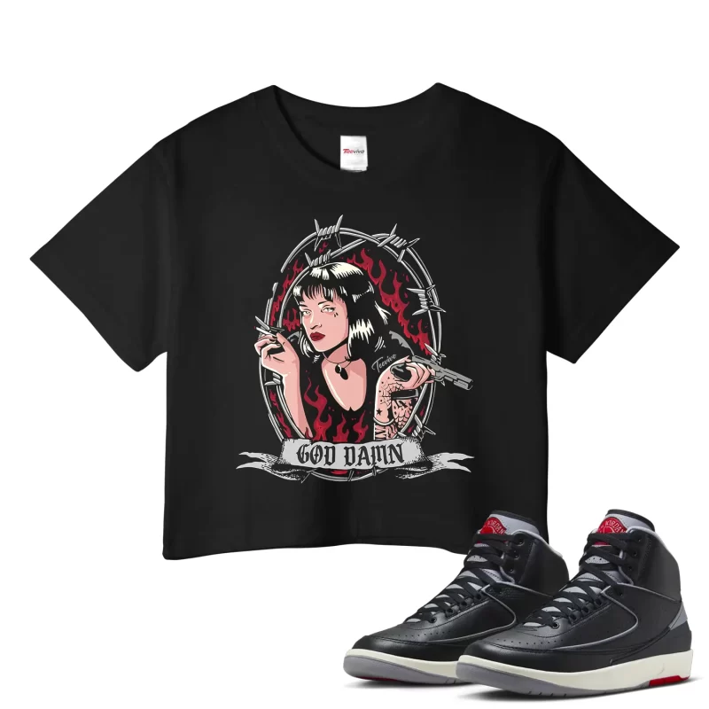 TeeVivo Jordan 2 Black Cement Crop Top, God Daaamn Crop Top, Black Cement 2s Crop Top, Jordan 2 Outfit