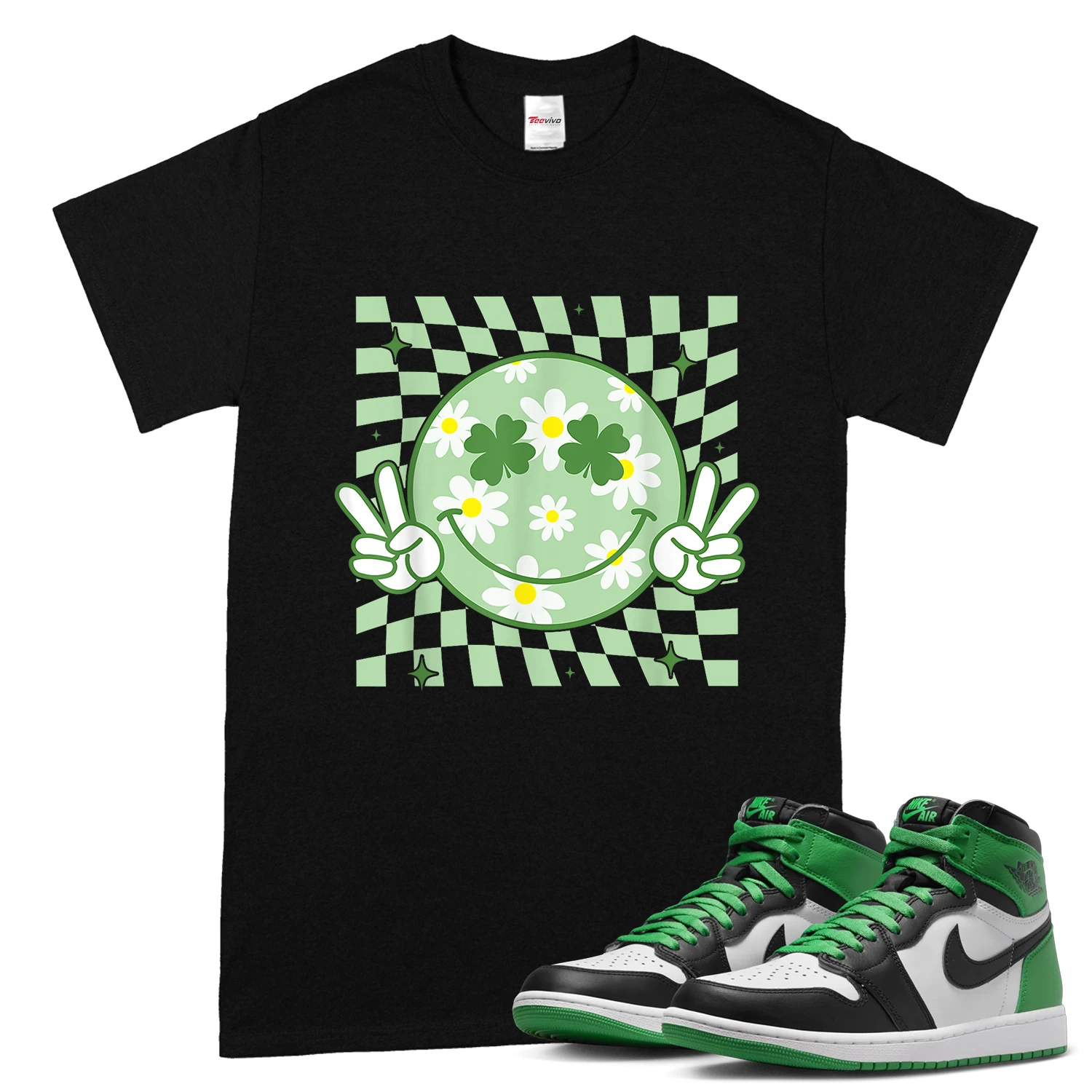 Groovy Shamrock Smile Face St Patricks Day Men Kids Funny T-Shirt match Air Jordan 1  High OG Lucky Green