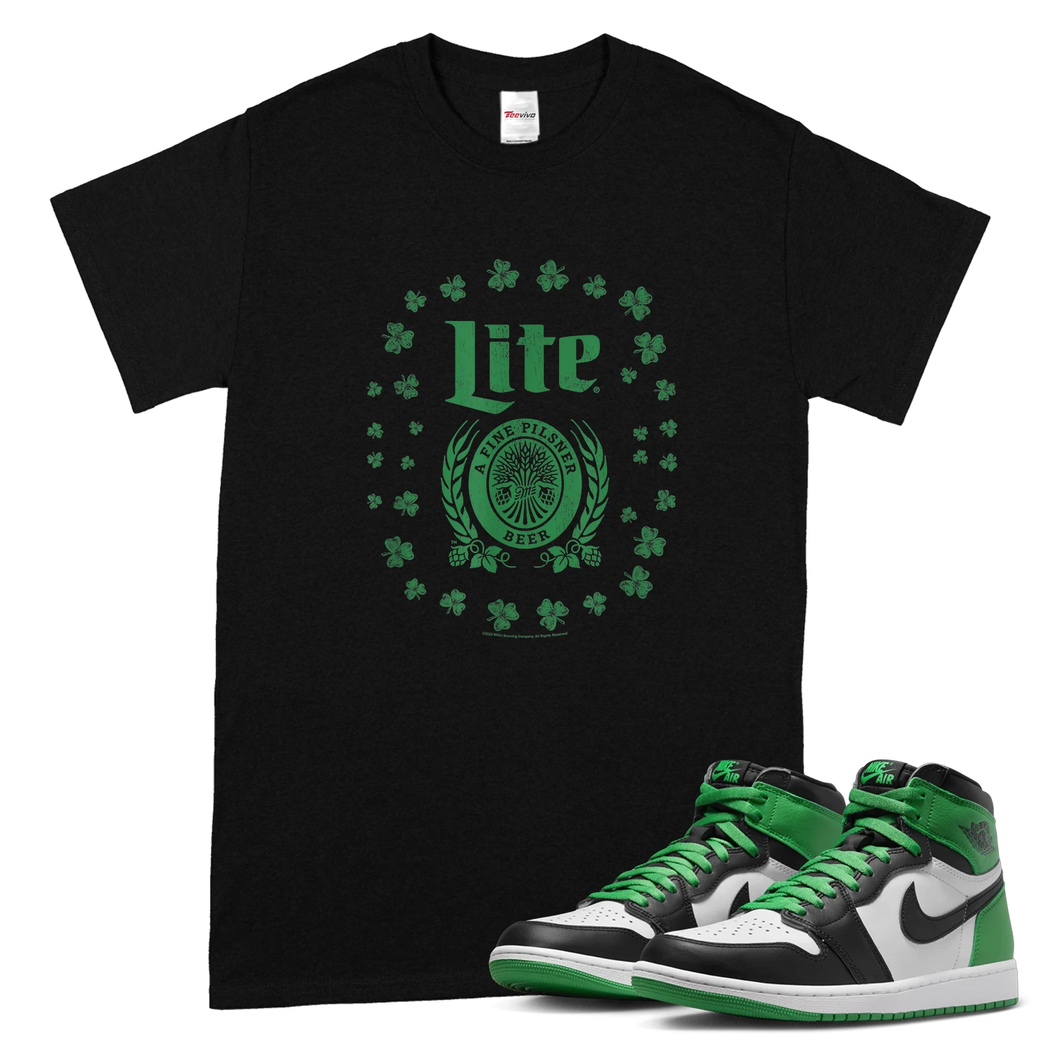 Miller Lite St. Patrick's Day A Fine Pilsner Beer Distressed T-Shirt match Air Jordan 1  High OG Lucky Green
