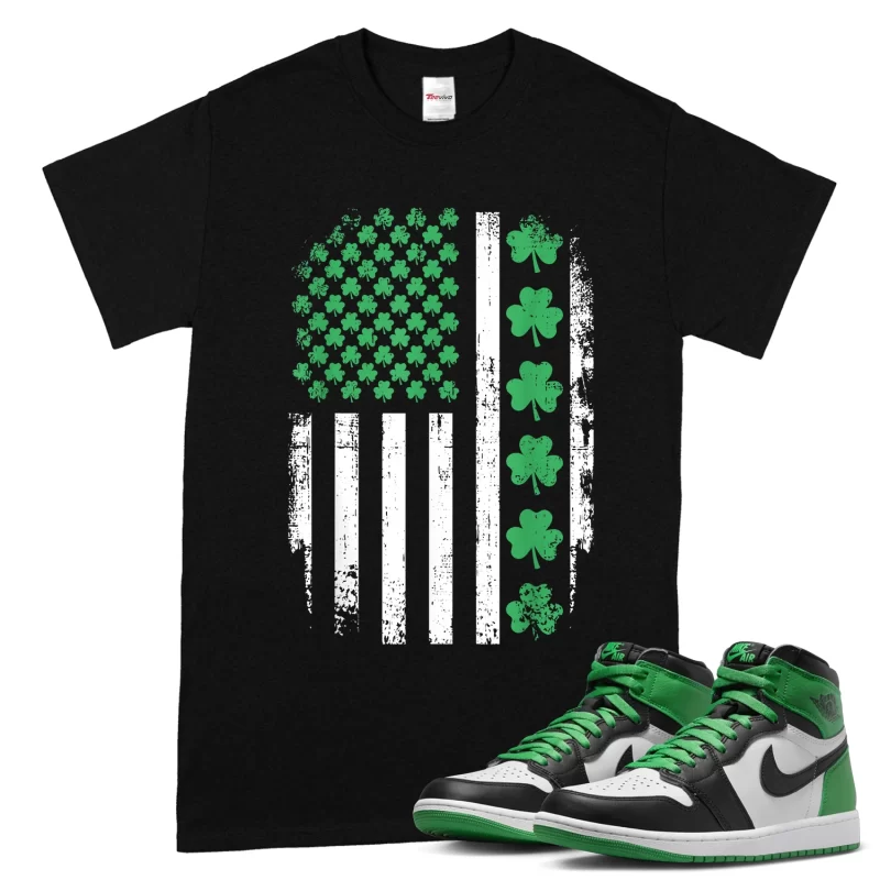US American flag with shamrocks for St Patricks day T-Shirt match Air Jordan 1 High OG Lucky Green