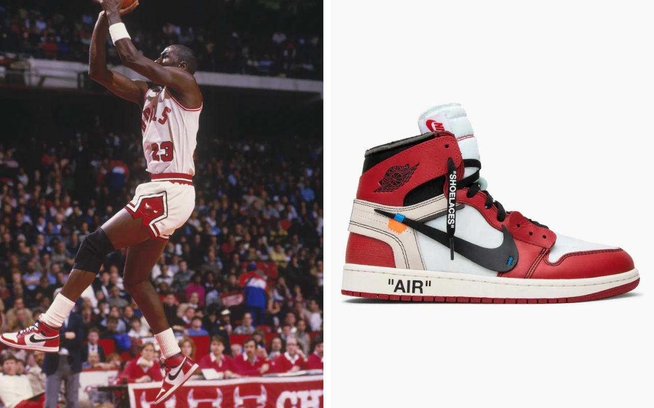 Michael Jordan in the original Air Jordan 1 High Chicago and Off-White's landmark collaboration on the shoe from 2017